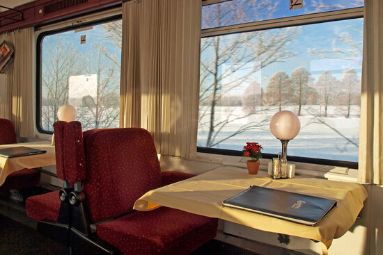 A Czech restaurant car was the perfect spot for breakfast on a winter journey from Berlin to Dresden (photo © hidden europe).